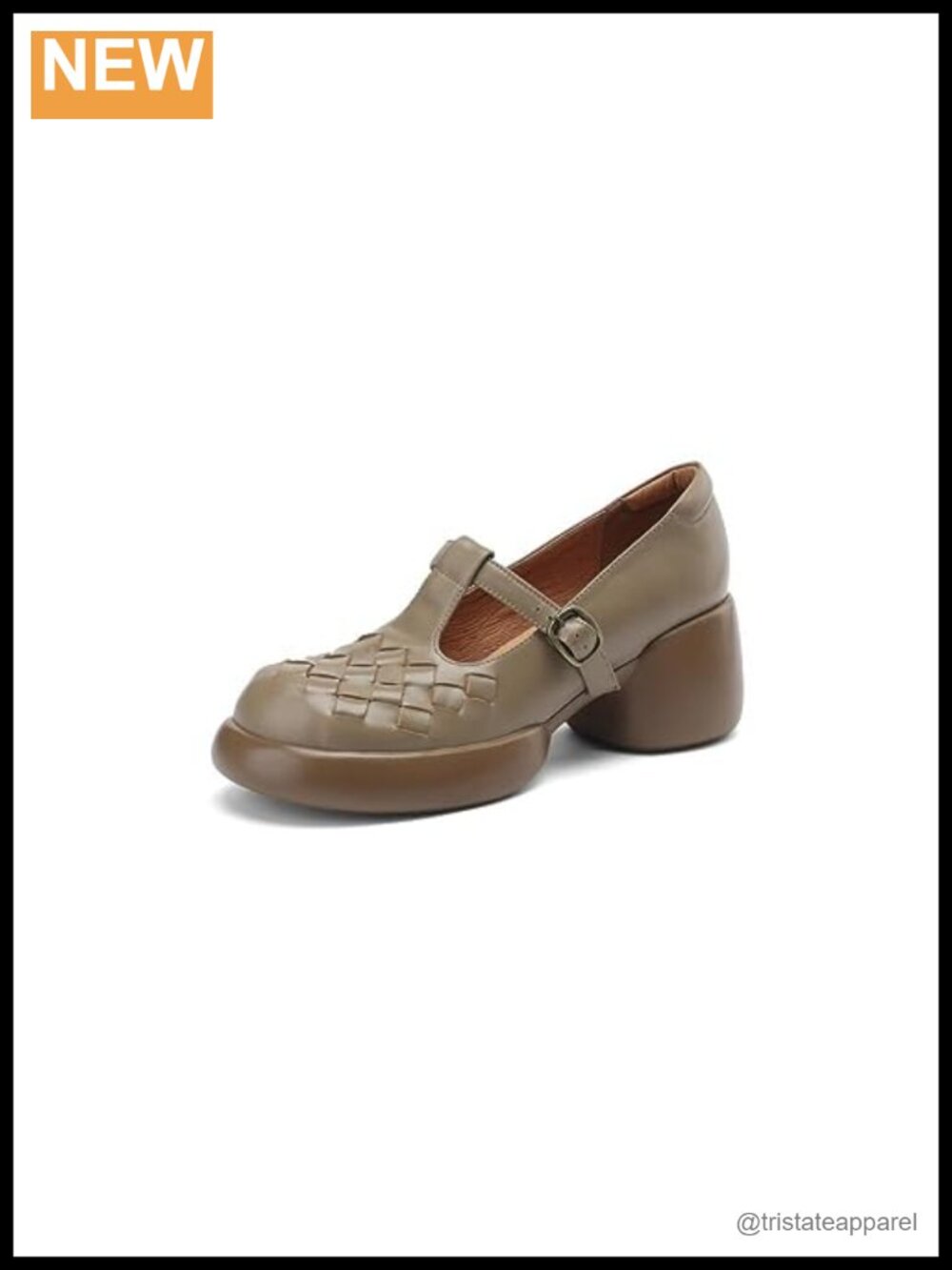 Genuine Leather Platform Pumps Block Heel Round Toe Buckle